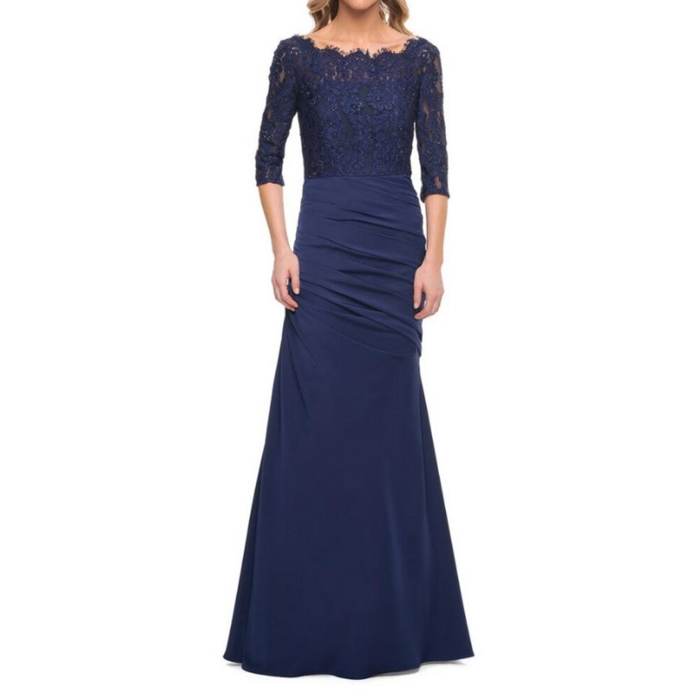 NWT La Femme Womens Navy Beaded Lace Jersey Ruched Formal Evening Gown SIZE 12